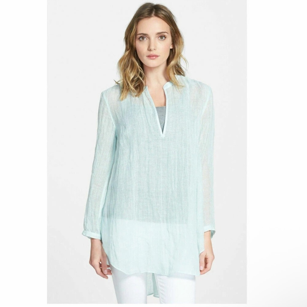 EILEEN‎ FISHER Aurora Green Organic Linen Gauze Mandarin Tunic Top Size Medium